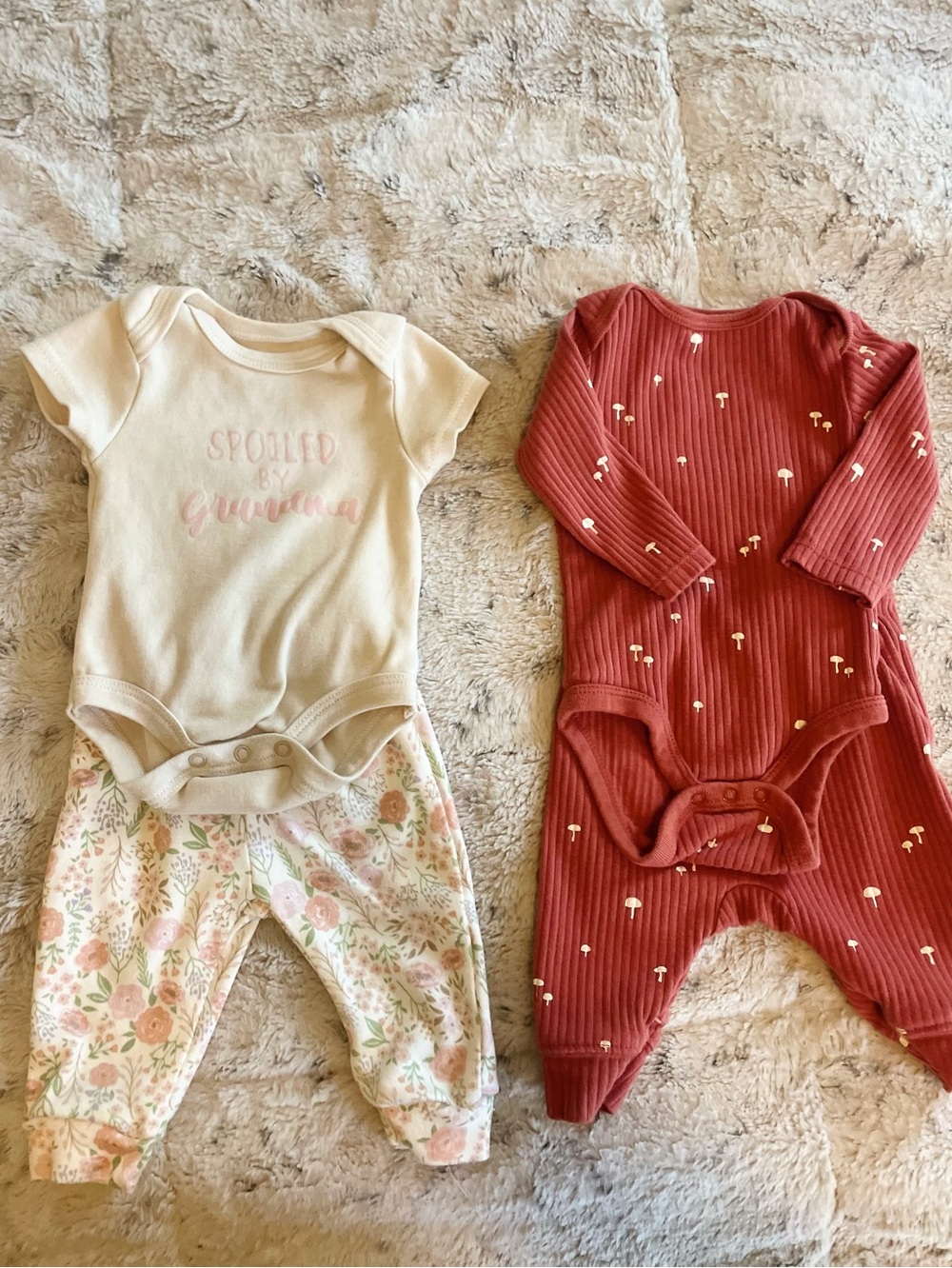 Carter's Cream Floral Bodysuit Set & Rust Ribbed Mushroom matching Set